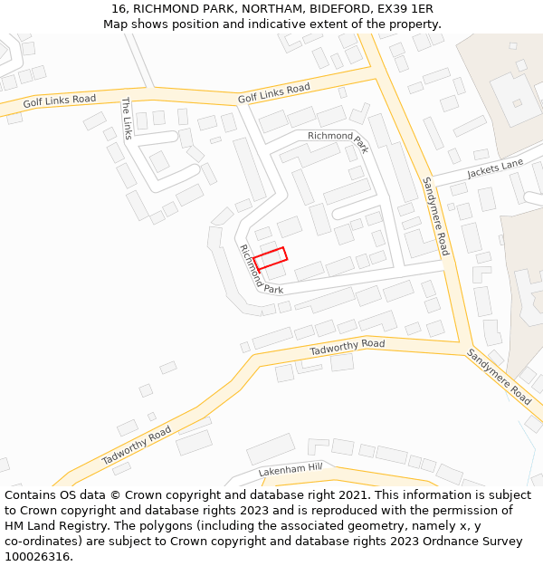 16, RICHMOND PARK, NORTHAM, BIDEFORD, EX39 1ER: Location map and indicative extent of plot
