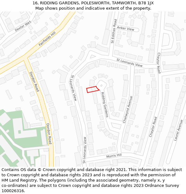 16, RIDDING GARDENS, POLESWORTH, TAMWORTH, B78 1JX: Location map and indicative extent of plot