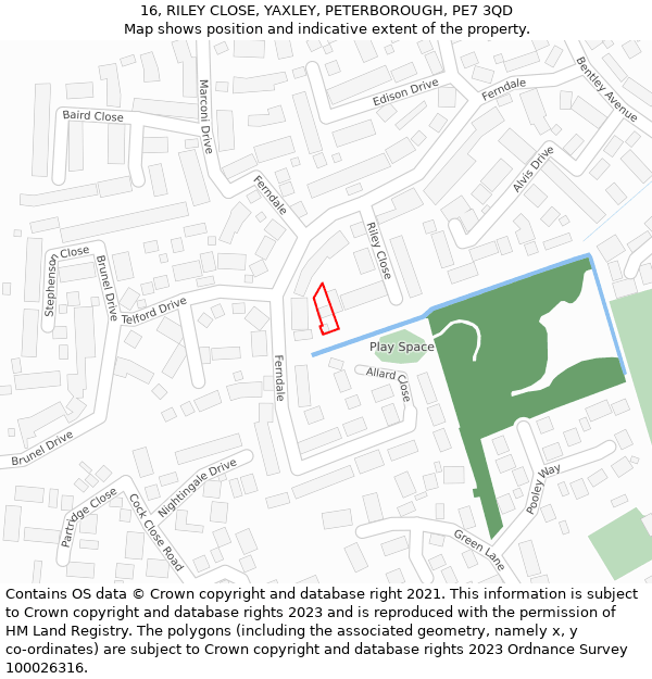 16, RILEY CLOSE, YAXLEY, PETERBOROUGH, PE7 3QD: Location map and indicative extent of plot