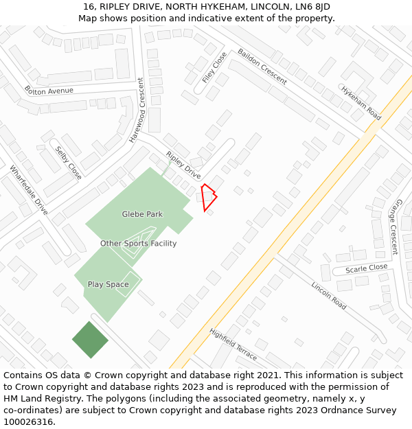 16, RIPLEY DRIVE, NORTH HYKEHAM, LINCOLN, LN6 8JD: Location map and indicative extent of plot