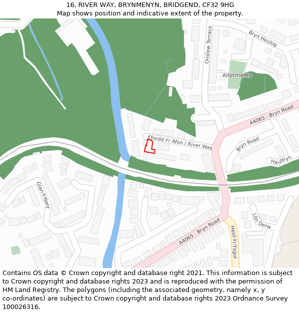 16, RIVER WAY, BRYNMENYN, BRIDGEND, CF32 9HG: Location map and indicative extent of plot