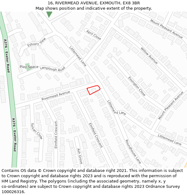 16, RIVERMEAD AVENUE, EXMOUTH, EX8 3BR: Location map and indicative extent of plot