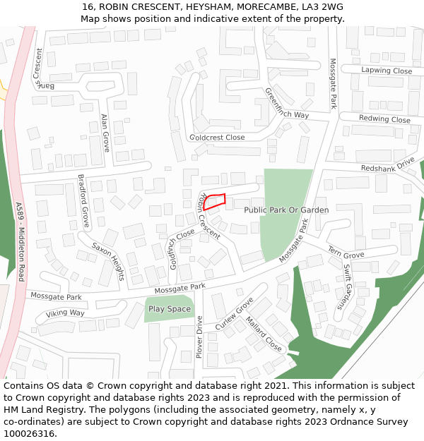 16, ROBIN CRESCENT, HEYSHAM, MORECAMBE, LA3 2WG: Location map and indicative extent of plot