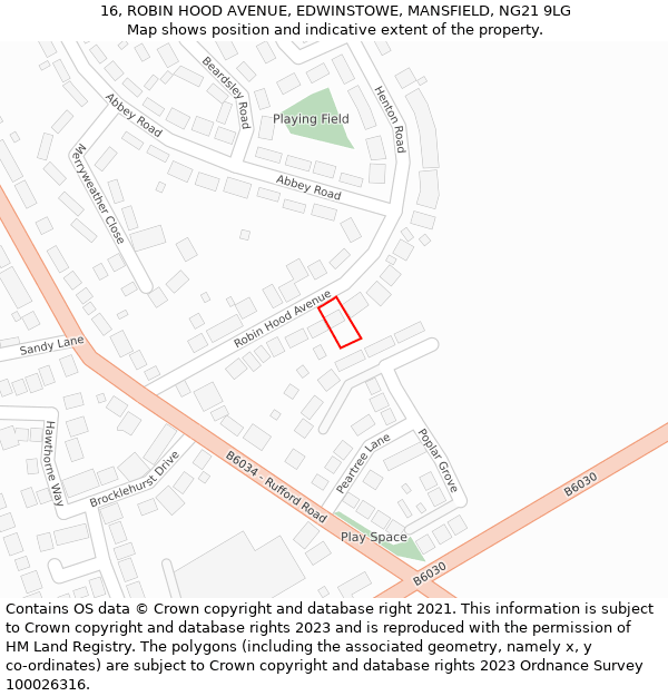 16, ROBIN HOOD AVENUE, EDWINSTOWE, MANSFIELD, NG21 9LG: Location map and indicative extent of plot