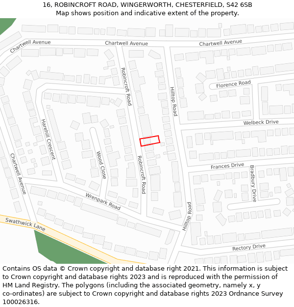 16, ROBINCROFT ROAD, WINGERWORTH, CHESTERFIELD, S42 6SB: Location map and indicative extent of plot