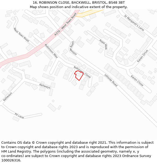 16, ROBINSON CLOSE, BACKWELL, BRISTOL, BS48 3BT: Location map and indicative extent of plot