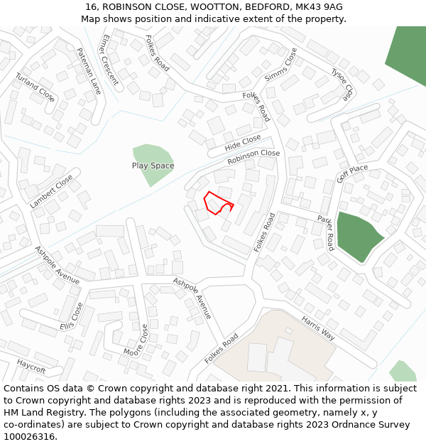 16, ROBINSON CLOSE, WOOTTON, BEDFORD, MK43 9AG: Location map and indicative extent of plot