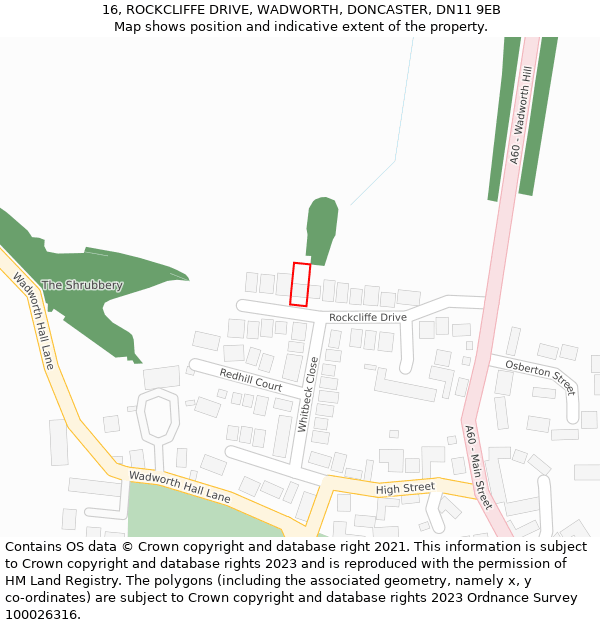 16, ROCKCLIFFE DRIVE, WADWORTH, DONCASTER, DN11 9EB: Location map and indicative extent of plot
