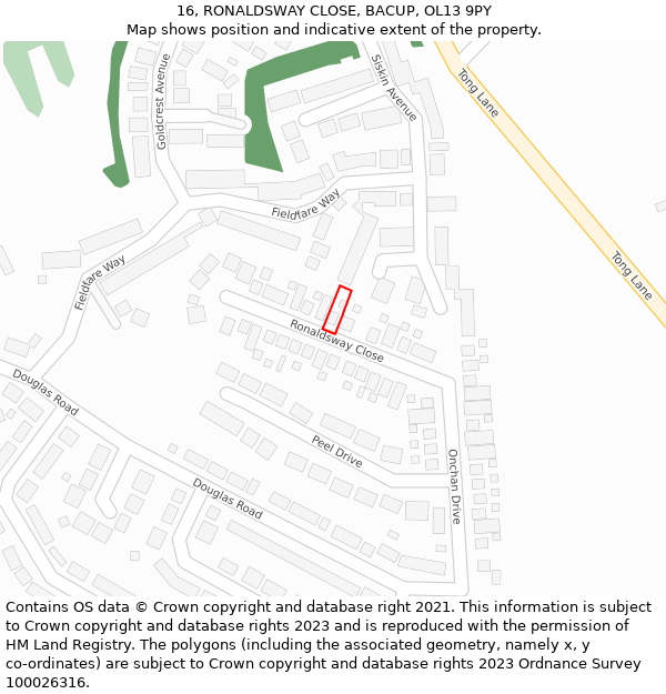 16, RONALDSWAY CLOSE, BACUP, OL13 9PY: Location map and indicative extent of plot