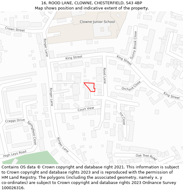 16, ROOD LANE, CLOWNE, CHESTERFIELD, S43 4BP: Location map and indicative extent of plot