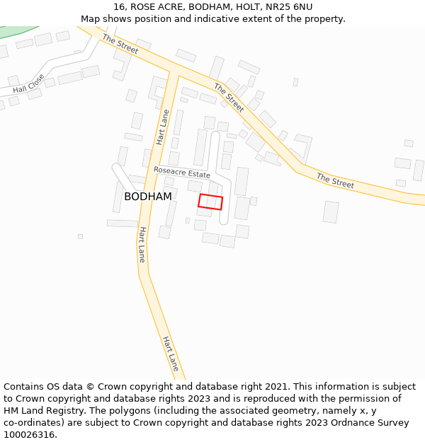 16, ROSE ACRE, BODHAM, HOLT, NR25 6NU: Location map and indicative extent of plot