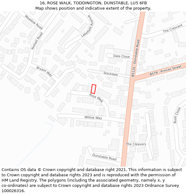 16, ROSE WALK, TODDINGTON, DUNSTABLE, LU5 6FB: Location map and indicative extent of plot