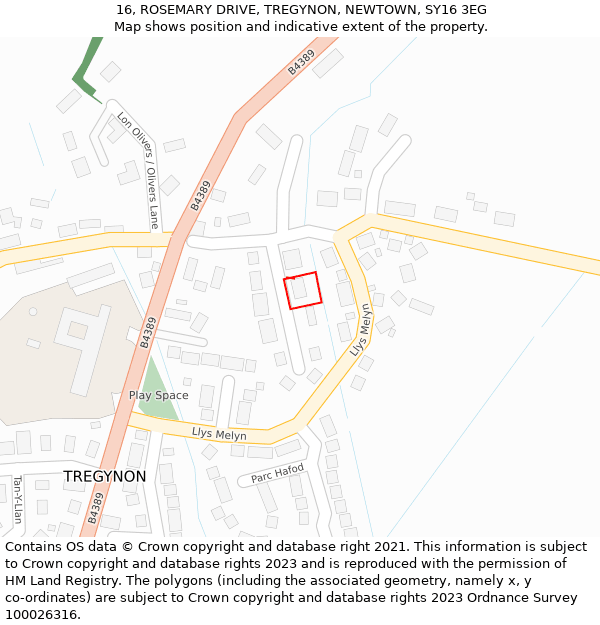 16, ROSEMARY DRIVE, TREGYNON, NEWTOWN, SY16 3EG: Location map and indicative extent of plot