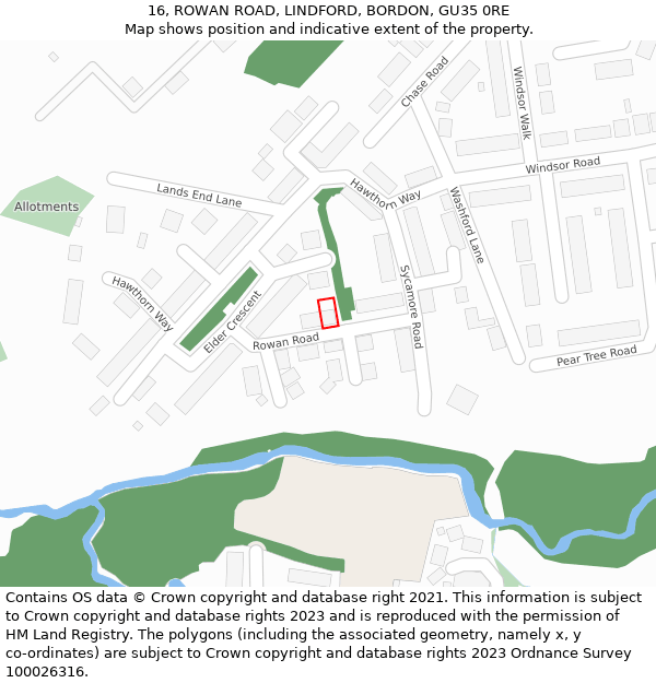 16, ROWAN ROAD, LINDFORD, BORDON, GU35 0RE: Location map and indicative extent of plot