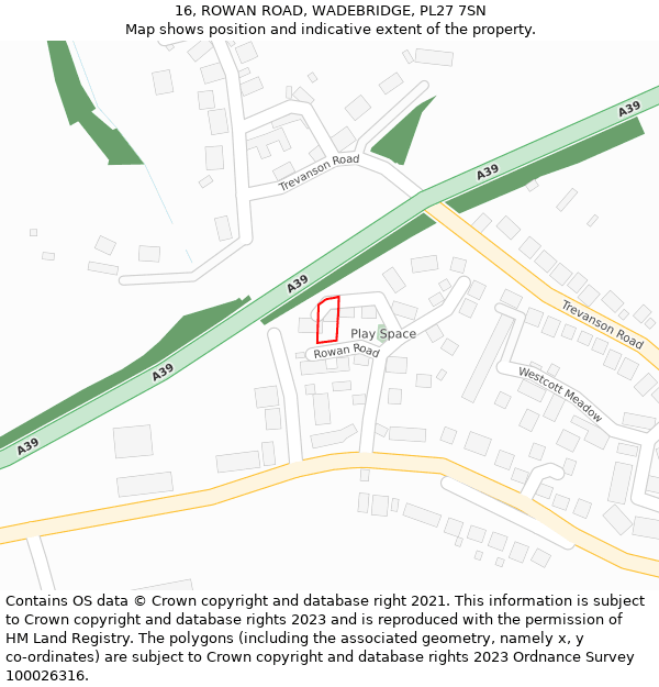 16, ROWAN ROAD, WADEBRIDGE, PL27 7SN: Location map and indicative extent of plot