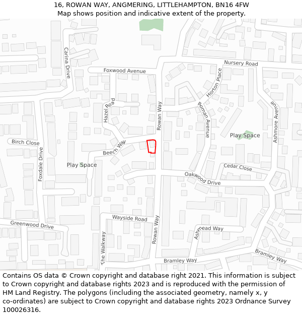 16, ROWAN WAY, ANGMERING, LITTLEHAMPTON, BN16 4FW: Location map and indicative extent of plot