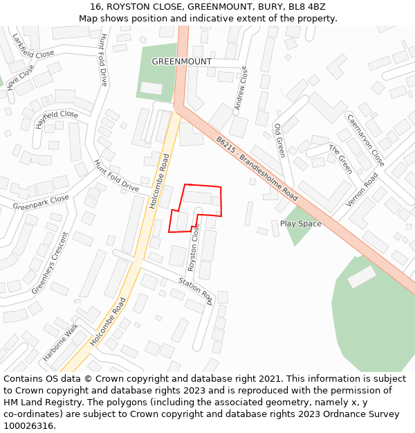 16, ROYSTON CLOSE, GREENMOUNT, BURY, BL8 4BZ: Location map and indicative extent of plot
