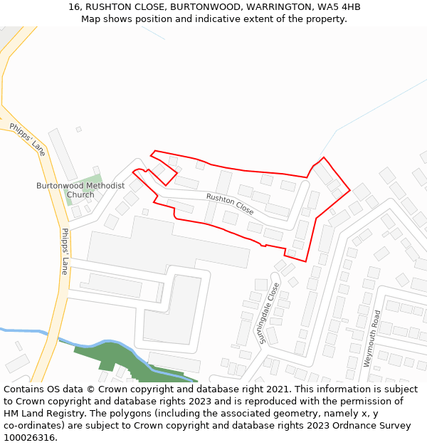 16, RUSHTON CLOSE, BURTONWOOD, WARRINGTON, WA5 4HB: Location map and indicative extent of plot