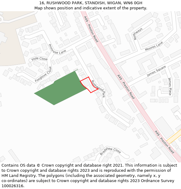 16, RUSHWOOD PARK, STANDISH, WIGAN, WN6 0GH: Location map and indicative extent of plot