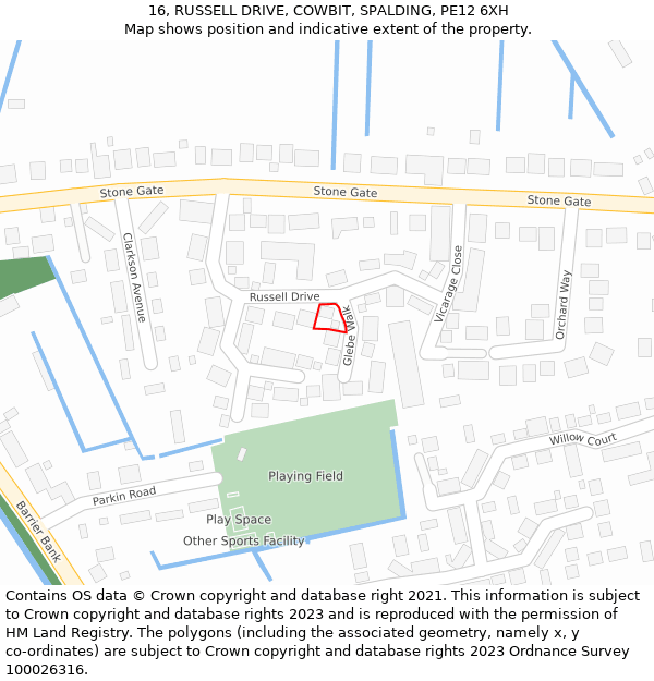 16, RUSSELL DRIVE, COWBIT, SPALDING, PE12 6XH: Location map and indicative extent of plot