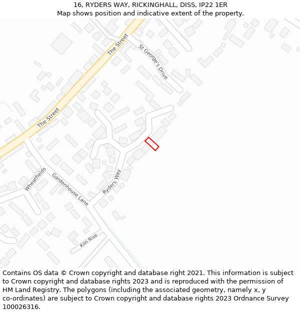 16, RYDERS WAY, RICKINGHALL, DISS, IP22 1ER: Location map and indicative extent of plot