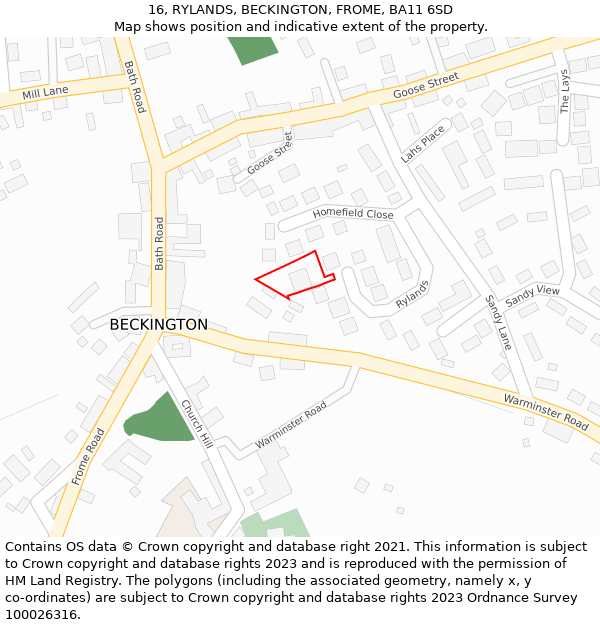 16, RYLANDS, BECKINGTON, FROME, BA11 6SD: Location map and indicative extent of plot