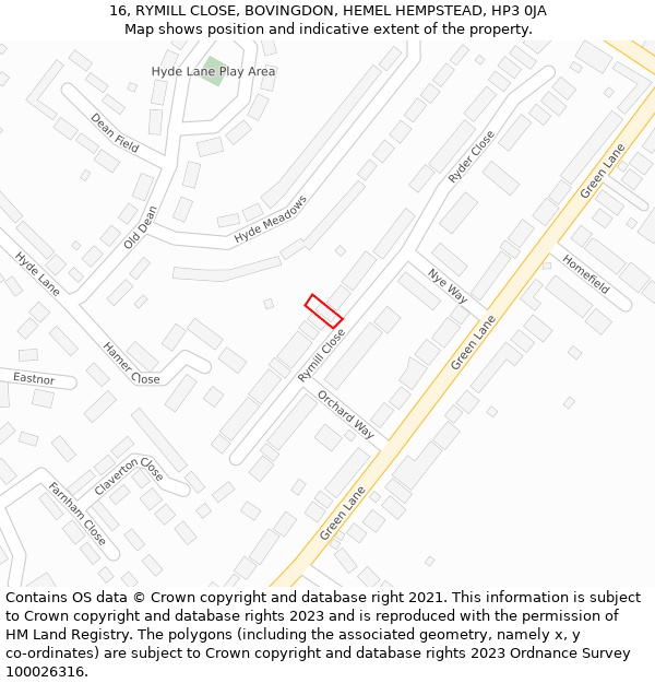 16, RYMILL CLOSE, BOVINGDON, HEMEL HEMPSTEAD, HP3 0JA: Location map and indicative extent of plot