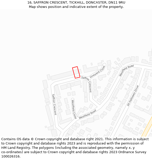 16, SAFFRON CRESCENT, TICKHILL, DONCASTER, DN11 9RU: Location map and indicative extent of plot