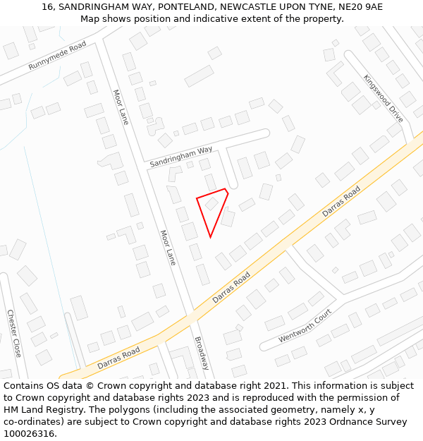 16, SANDRINGHAM WAY, PONTELAND, NEWCASTLE UPON TYNE, NE20 9AE: Location map and indicative extent of plot