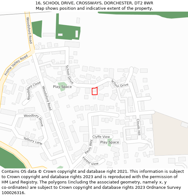 16, SCHOOL DRIVE, CROSSWAYS, DORCHESTER, DT2 8WR: Location map and indicative extent of plot
