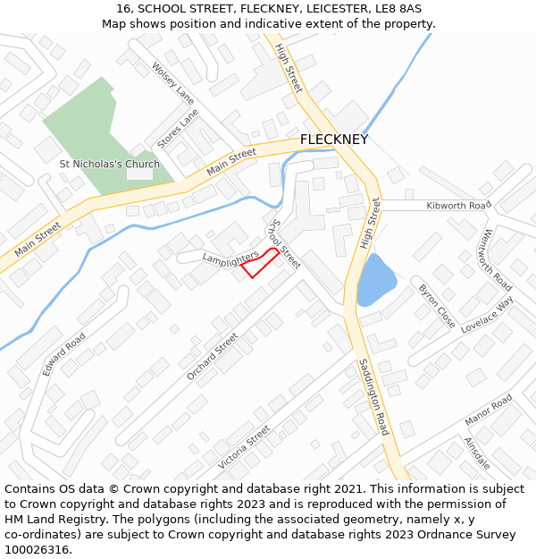 16, SCHOOL STREET, FLECKNEY, LEICESTER, LE8 8AS: Location map and indicative extent of plot