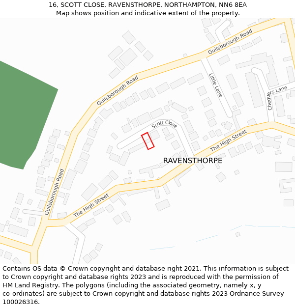 16, SCOTT CLOSE, RAVENSTHORPE, NORTHAMPTON, NN6 8EA: Location map and indicative extent of plot