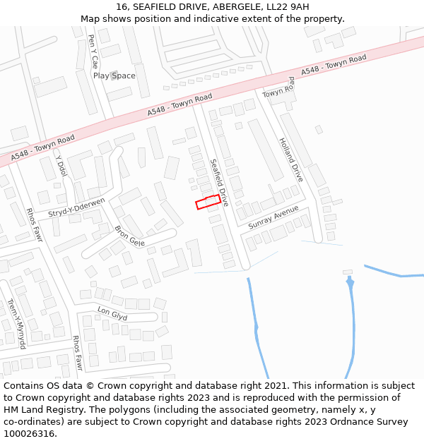 16, SEAFIELD DRIVE, ABERGELE, LL22 9AH: Location map and indicative extent of plot