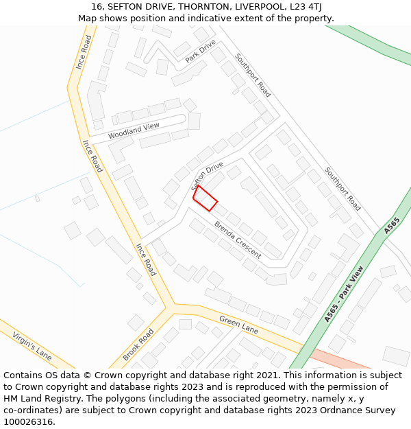 16, SEFTON DRIVE, THORNTON, LIVERPOOL, L23 4TJ: Location map and indicative extent of plot