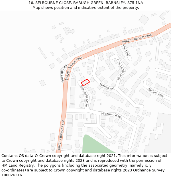 16, SELBOURNE CLOSE, BARUGH GREEN, BARNSLEY, S75 1NA: Location map and indicative extent of plot