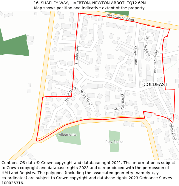 16, SHAPLEY WAY, LIVERTON, NEWTON ABBOT, TQ12 6PN: Location map and indicative extent of plot