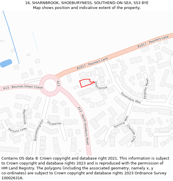 16, SHARNBROOK, SHOEBURYNESS, SOUTHEND-ON-SEA, SS3 8YE: Location map and indicative extent of plot