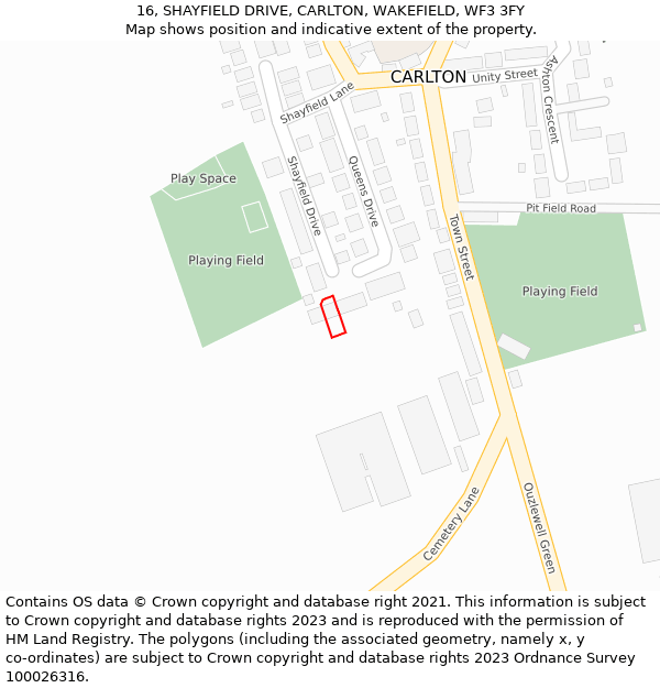 16, SHAYFIELD DRIVE, CARLTON, WAKEFIELD, WF3 3FY: Location map and indicative extent of plot