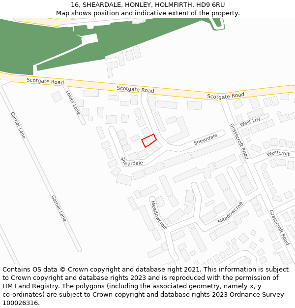 16, SHEARDALE, HONLEY, HOLMFIRTH, HD9 6RU: Location map and indicative extent of plot