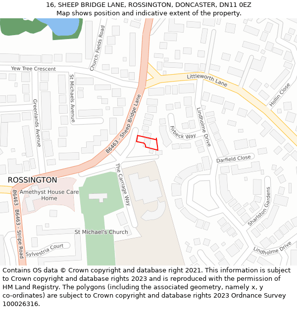 16, SHEEP BRIDGE LANE, ROSSINGTON, DONCASTER, DN11 0EZ: Location map and indicative extent of plot