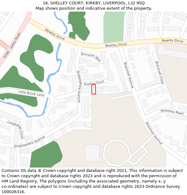 16, SHELLEY COURT, KIRKBY, LIVERPOOL, L32 9SQ: Location map and indicative extent of plot