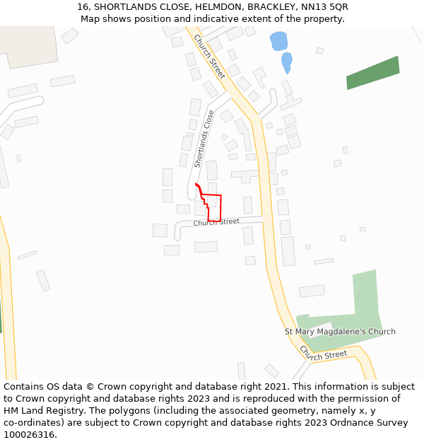 16, SHORTLANDS CLOSE, HELMDON, BRACKLEY, NN13 5QR: Location map and indicative extent of plot