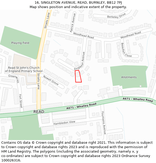 16, SINGLETON AVENUE, READ, BURNLEY, BB12 7PJ: Location map and indicative extent of plot