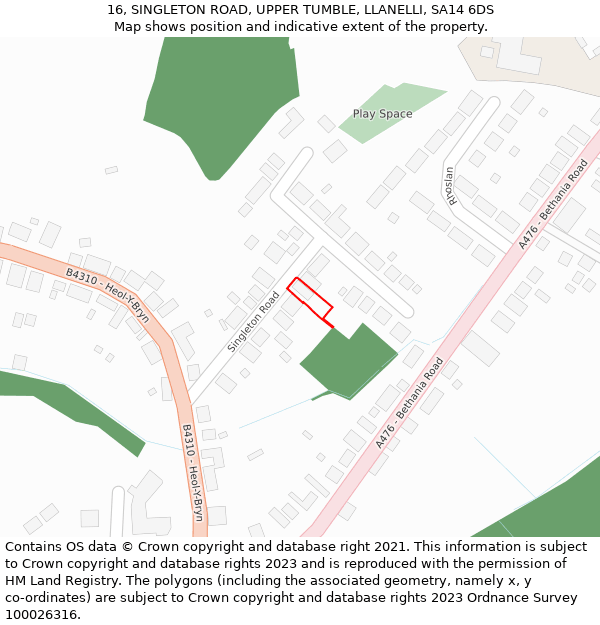 16, SINGLETON ROAD, UPPER TUMBLE, LLANELLI, SA14 6DS: Location map and indicative extent of plot