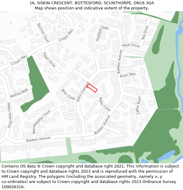 16, SISKIN CRESCENT, BOTTESFORD, SCUNTHORPE, DN16 3GA: Location map and indicative extent of plot