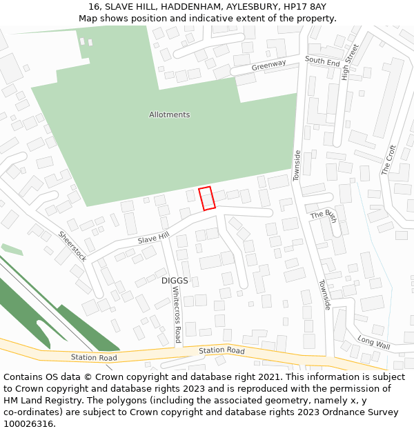 16, SLAVE HILL, HADDENHAM, AYLESBURY, HP17 8AY: Location map and indicative extent of plot