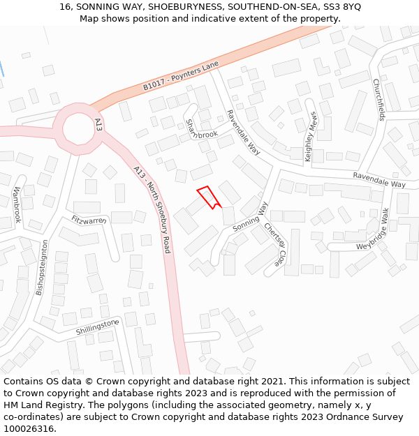 16, SONNING WAY, SHOEBURYNESS, SOUTHEND-ON-SEA, SS3 8YQ: Location map and indicative extent of plot