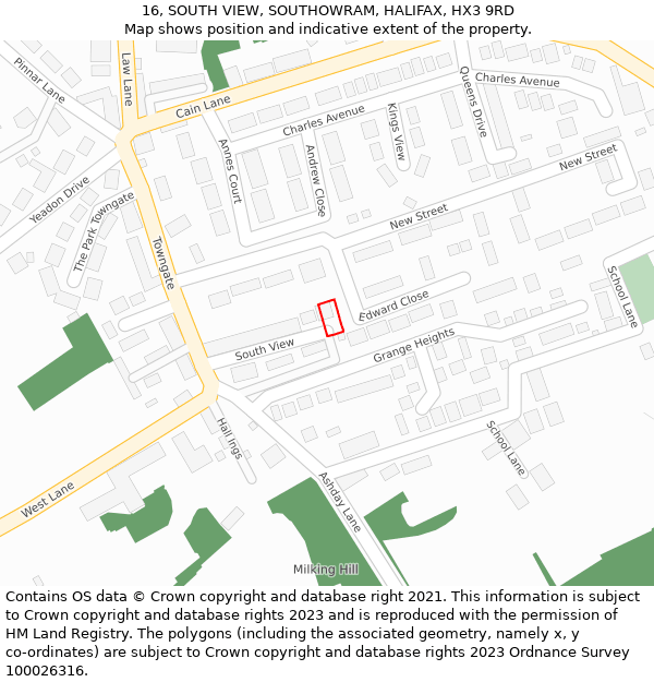 16, SOUTH VIEW, SOUTHOWRAM, HALIFAX, HX3 9RD: Location map and indicative extent of plot