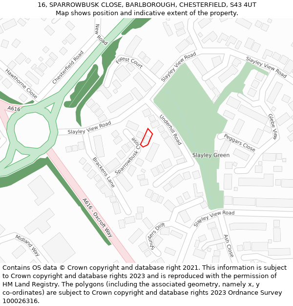 16, SPARROWBUSK CLOSE, BARLBOROUGH, CHESTERFIELD, S43 4UT: Location map and indicative extent of plot