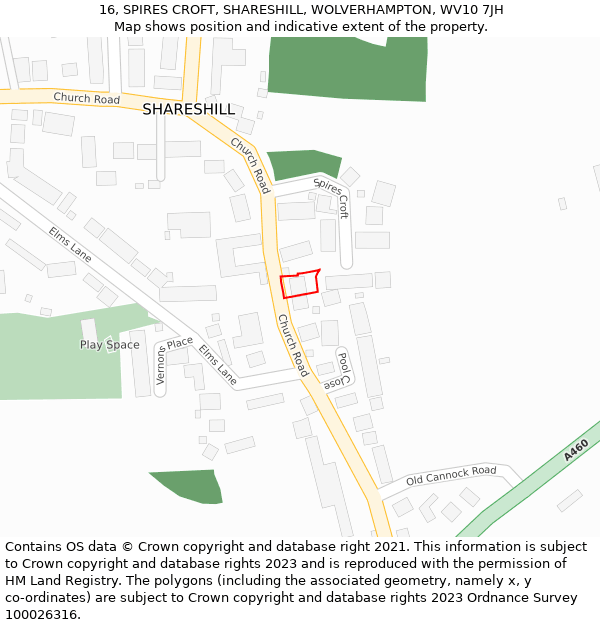 16, SPIRES CROFT, SHARESHILL, WOLVERHAMPTON, WV10 7JH: Location map and indicative extent of plot